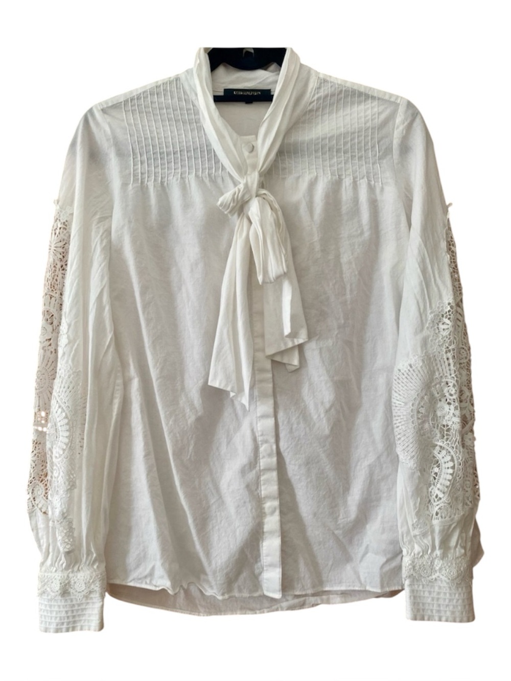 Kobi Halperin White Cotton Lace Sleeve Tie Neck Blouse Size S
